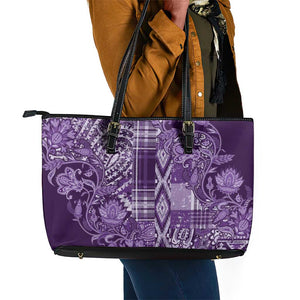 Afro Floral mix Maasai Shuka Leather Tote Bag Purple Moitf