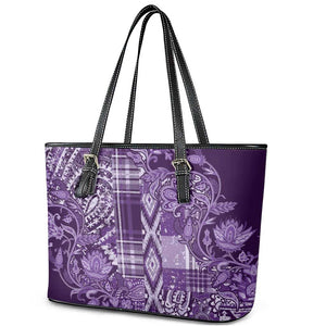 Afro Floral mix Maasai Shuka Leather Tote Bag Purple Moitf