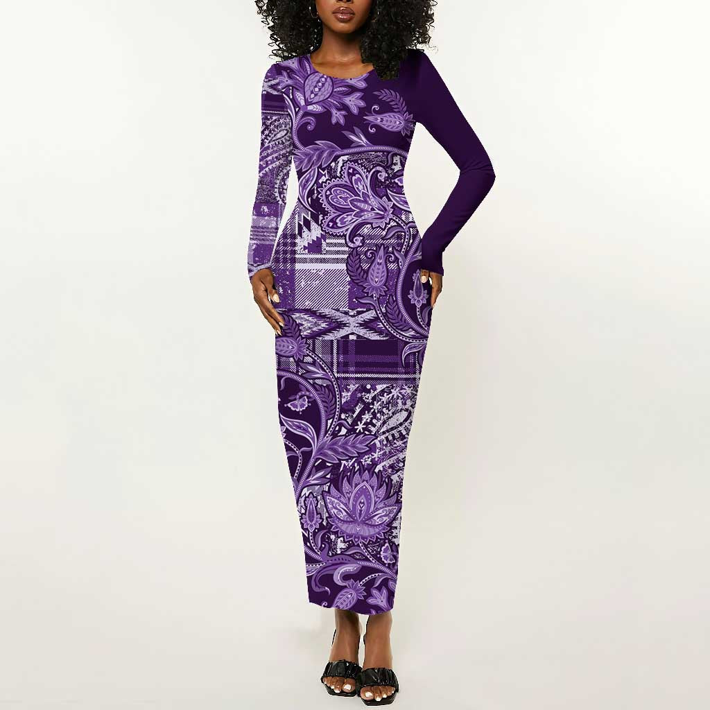 Afro Floral mix Maasai Shuka Long Sleeve Bodycon Dress Purple Moitf