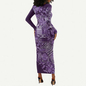 Afro Floral mix Maasai Shuka Long Sleeve Bodycon Dress Purple Moitf