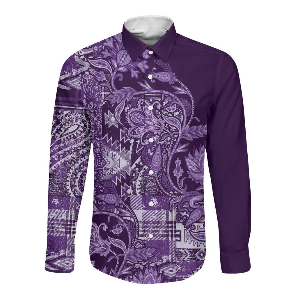 Afro Floral mix Maasai Shuka Long Sleeve Button Shirt Purple Moitf