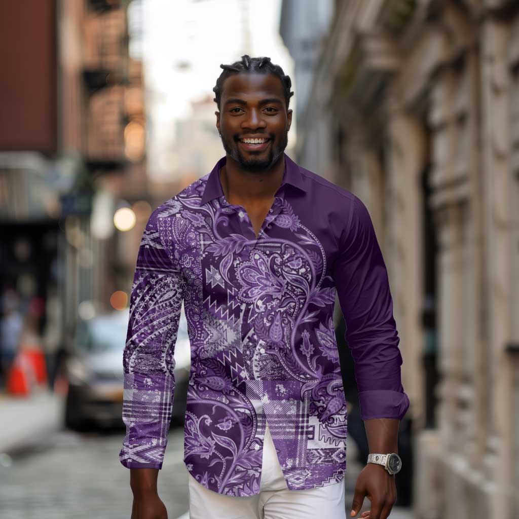 Afro Floral mix Maasai Shuka Long Sleeve Button Shirt Purple Moitf