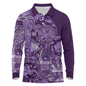 Afro Floral mix Maasai Shuka Long Sleeve Polo Shirt Purple Moitf