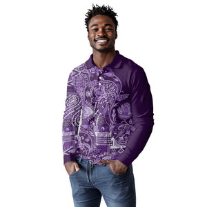 Afro Floral mix Maasai Shuka Long Sleeve Polo Shirt Purple Moitf