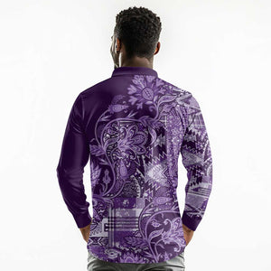 Afro Floral mix Maasai Shuka Long Sleeve Polo Shirt Purple Moitf