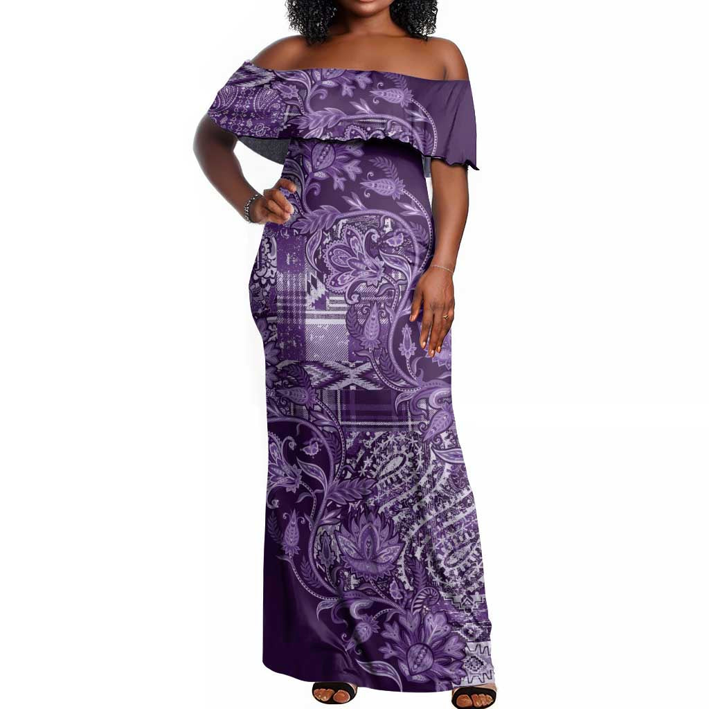 Afro Floral mix Maasai Shuka Off Shoulder Maxi Dress Purple Moitf