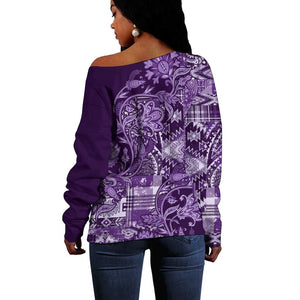 Afro Floral mix Maasai Shuka Off Shoulder Sweater Purple Moitf