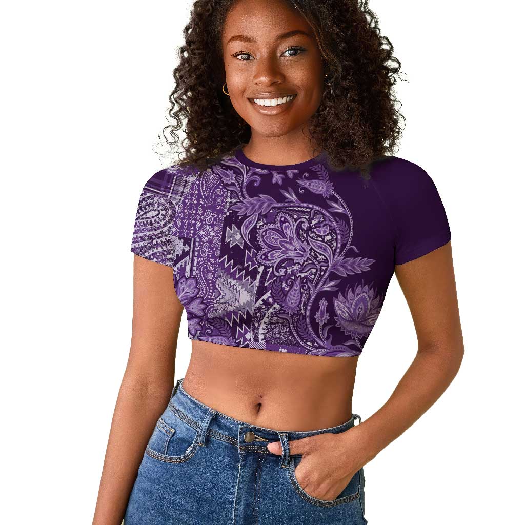 Afro Floral mix Maasai Shuka Raglan Cropped T shirt Purple Moitf