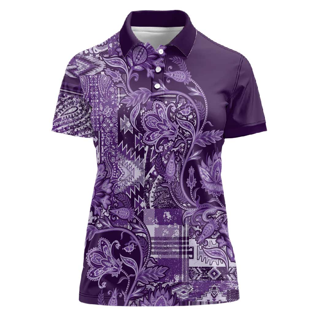 Afro Floral mix Maasai Shuka Women Polo Shirt Purple Moitf