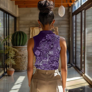 Afro Floral mix Maasai Shuka Women Sleeveless Polo Shirt Purple Moitf