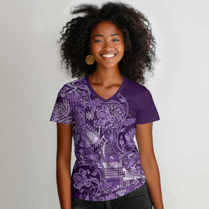 Afro Floral mix Maasai Shuka Women V-Neck T-Shirt Purple Moitf