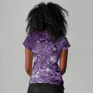 Afro Floral mix Maasai Shuka Women V-Neck T-Shirt Purple Moitf