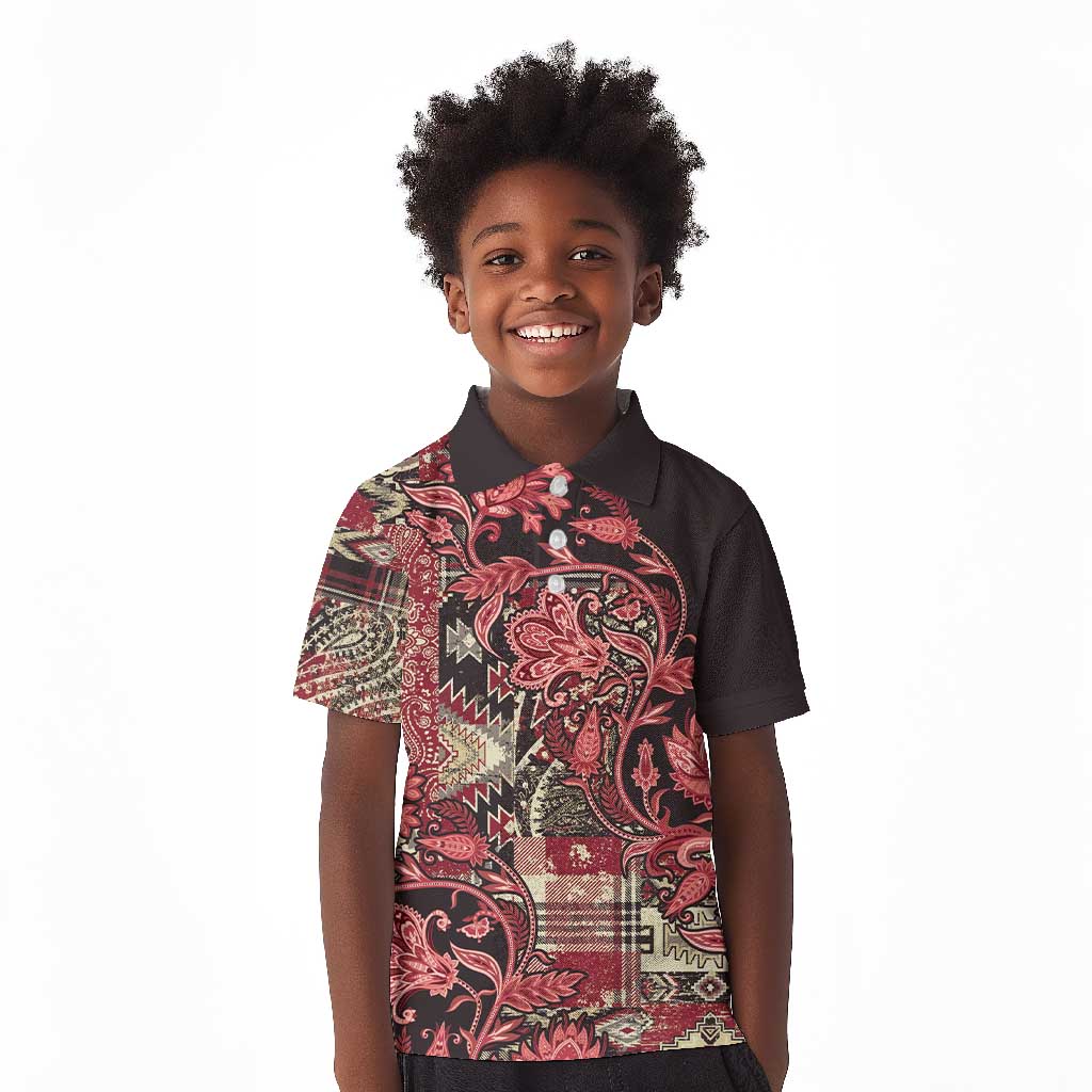 Afro Floral mix Maasai Shuka Kid Polo Shirt Red Moitf