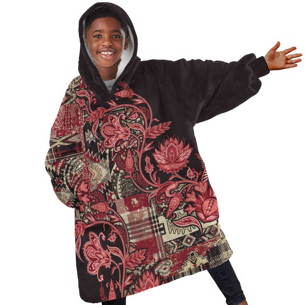 Afro Floral mix Maasai Shuka KId Wearable Blanket Hoodie Red Moitf