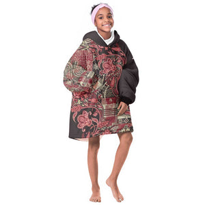 Afro Floral mix Maasai Shuka KId Wearable Blanket Hoodie Red Moitf