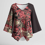 Africa Floral mix Maasai Shuka Kimono Sleeve Blouse Red Moitf