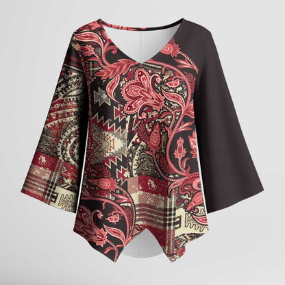 Africa Floral mix Maasai Shuka Kimono Sleeve Blouse Red Moitf