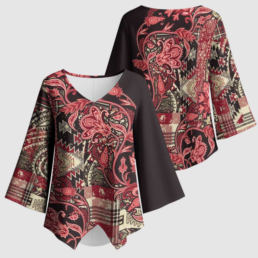 Africa Floral mix Maasai Shuka Kimono Sleeve Blouse Red Moitf