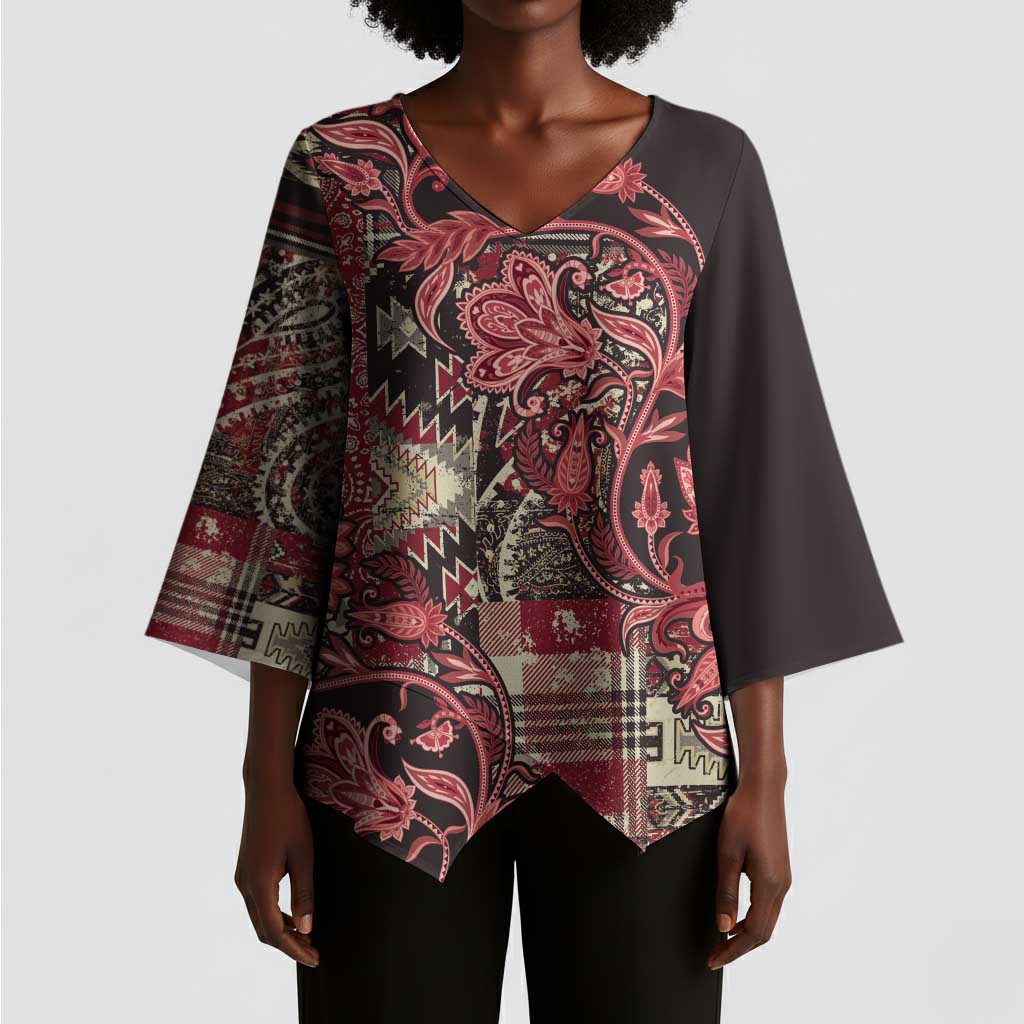 Africa Floral mix Maasai Shuka Kimono Sleeve Blouse Red Moitf