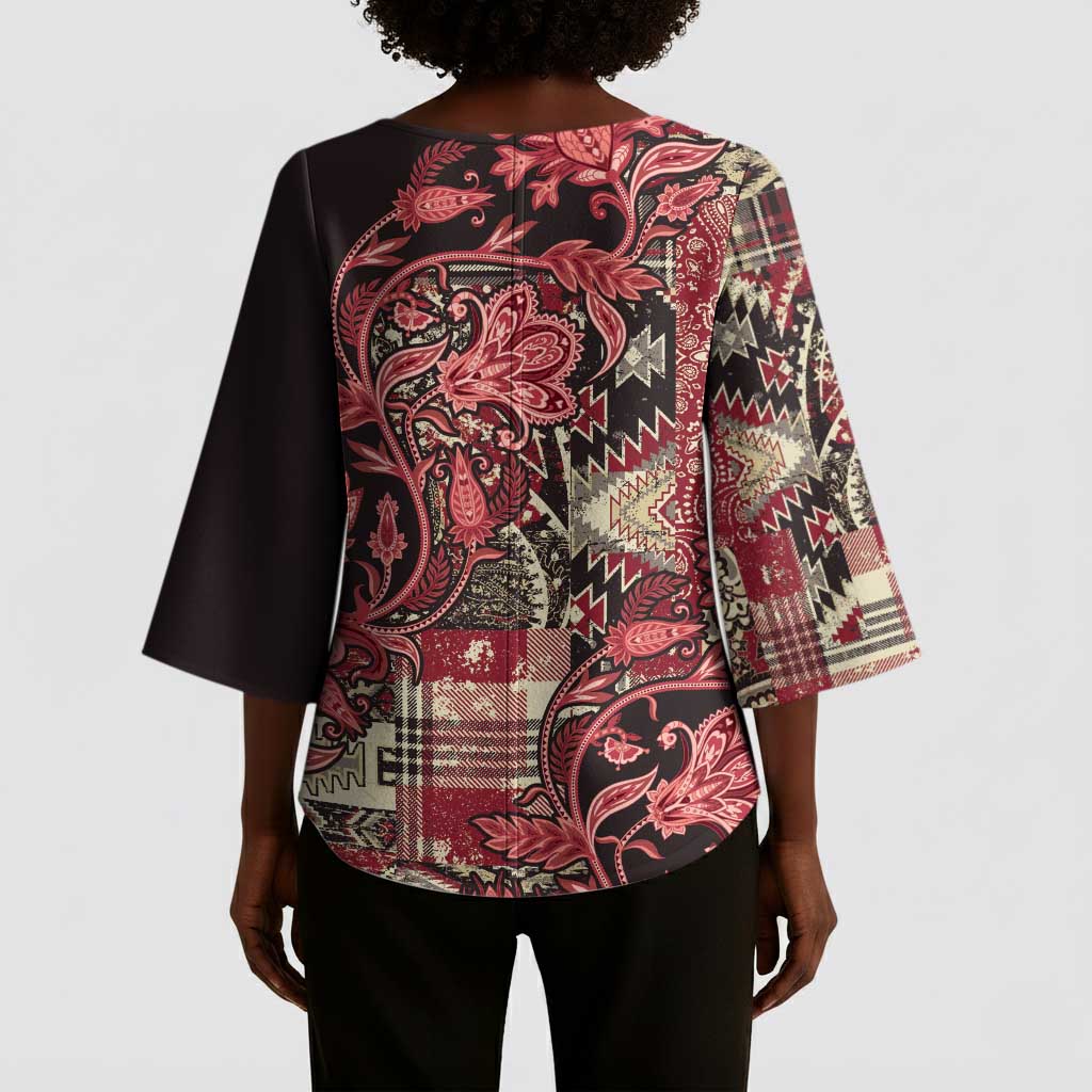 Africa Floral mix Maasai Shuka Kimono Sleeve Blouse Red Moitf