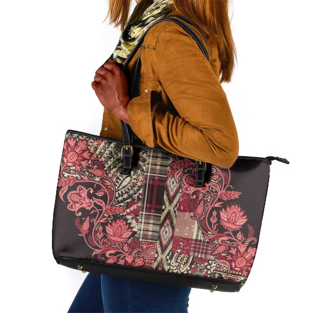 Afro Floral mix Maasai Shuka Leather Tote Bag Red Moitf