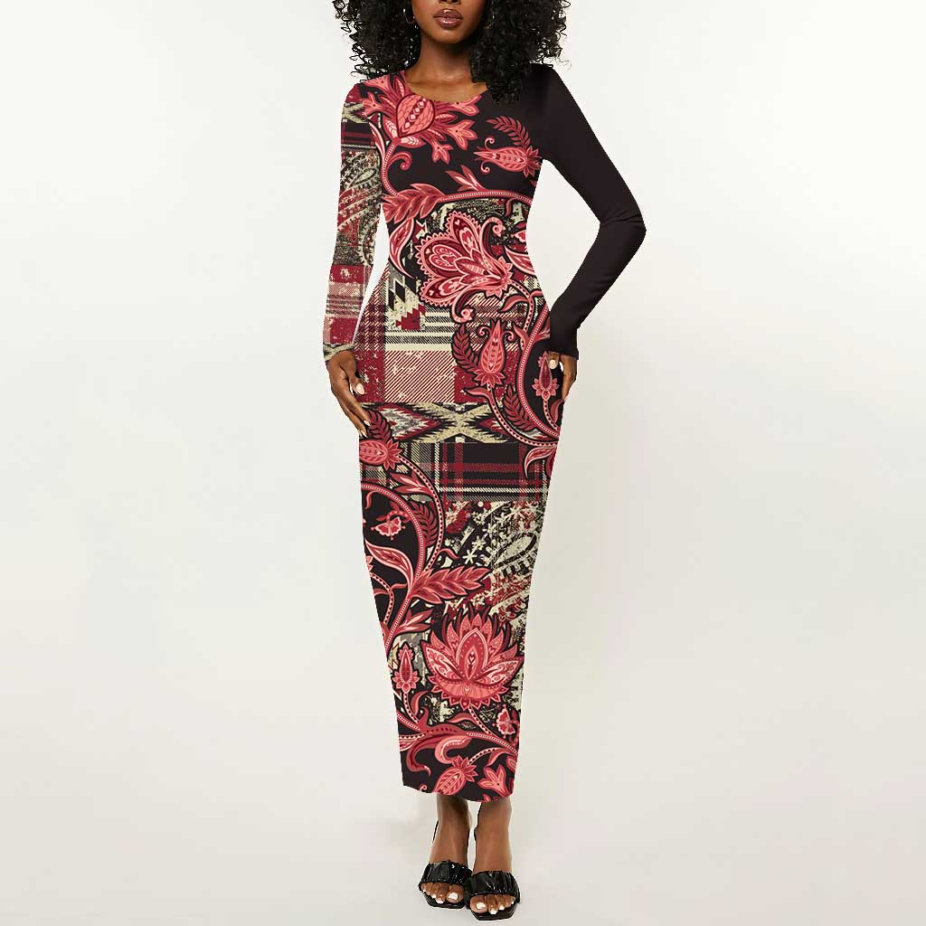 Afro Floral mix Maasai Shuka Long Sleeve Bodycon Dress Red Moitf