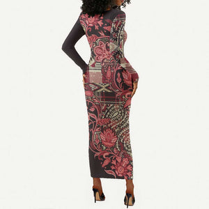 Afro Floral mix Maasai Shuka Long Sleeve Bodycon Dress Red Moitf