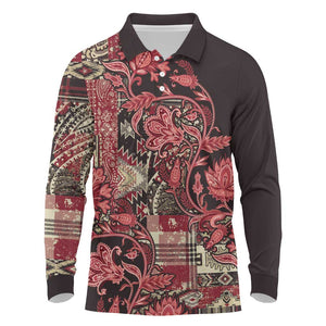 Afro Floral mix Maasai Shuka Long Sleeve Polo Shirt Red Moitf