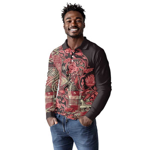 Afro Floral mix Maasai Shuka Long Sleeve Polo Shirt Red Moitf