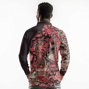 Afro Floral mix Maasai Shuka Long Sleeve Polo Shirt Red Moitf