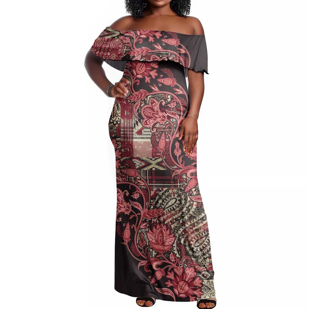 Afro Floral mix Maasai Shuka Off Shoulder Maxi Dress Red Moitf