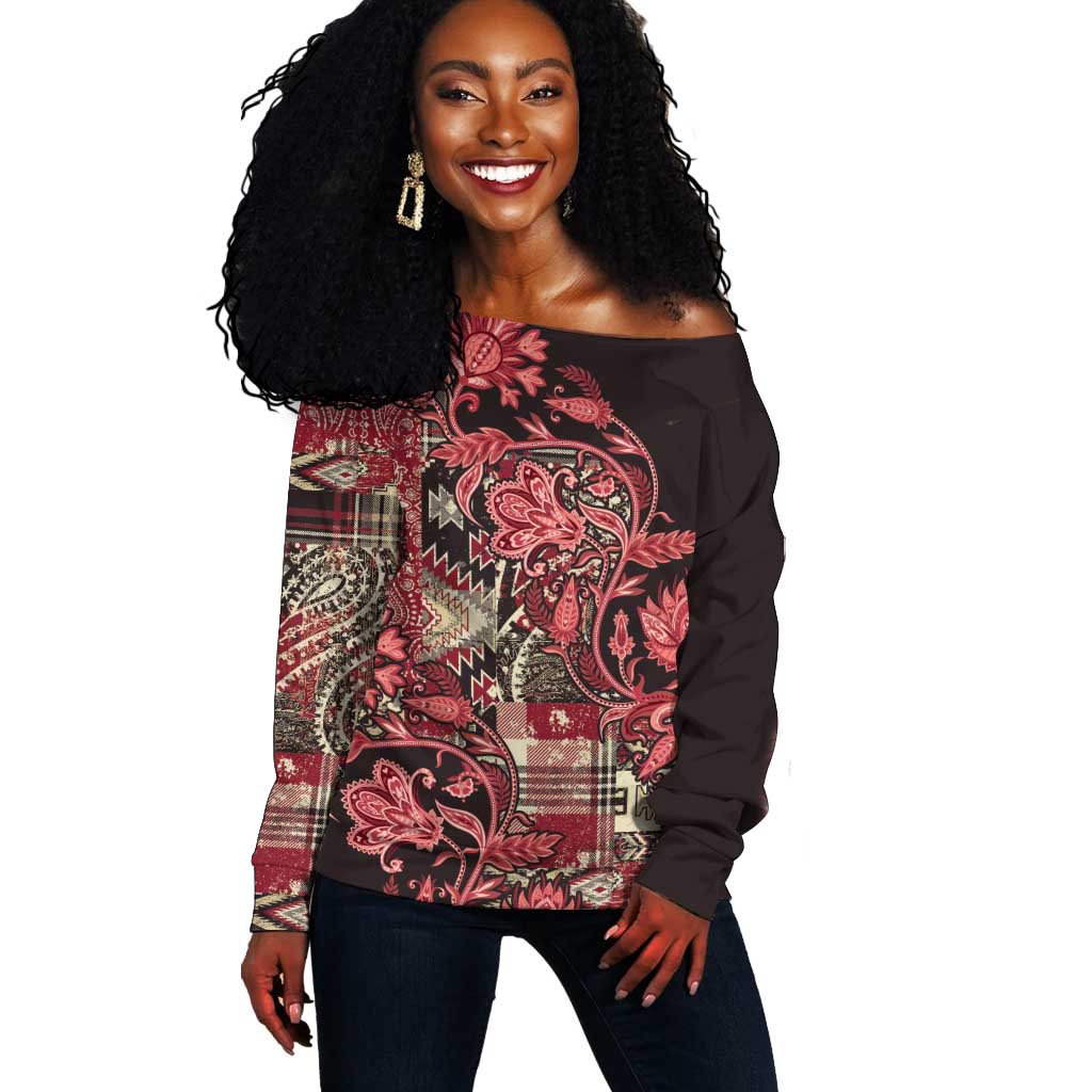 Afro Floral mix Maasai Shuka Off Shoulder Sweater Red Moitf