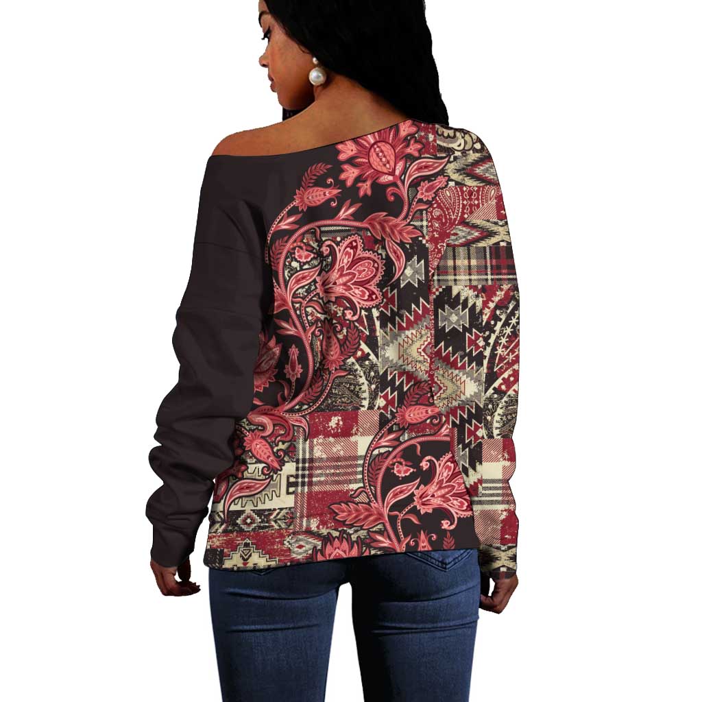 Afro Floral mix Maasai Shuka Off Shoulder Sweater Red Moitf