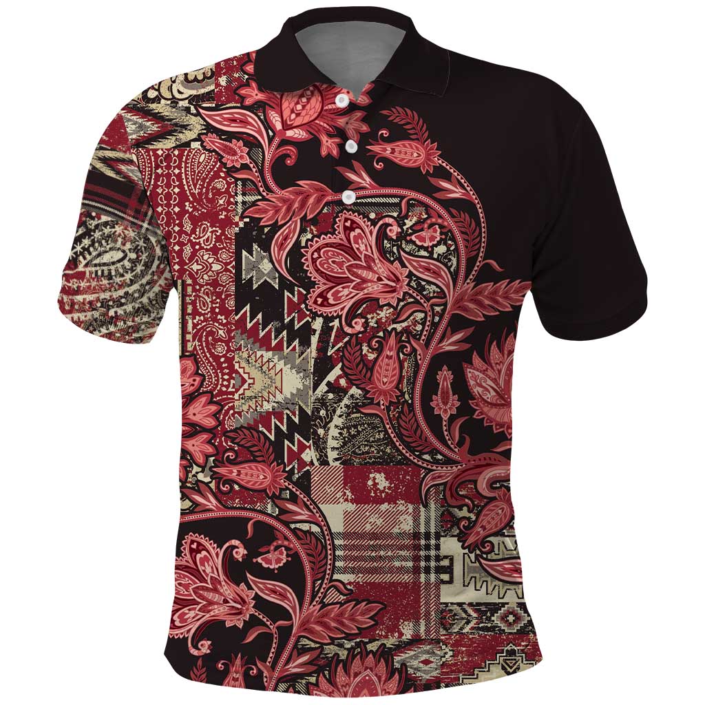 Afro Floral mix Maasai Shuka Polo Shirt Red Moitf