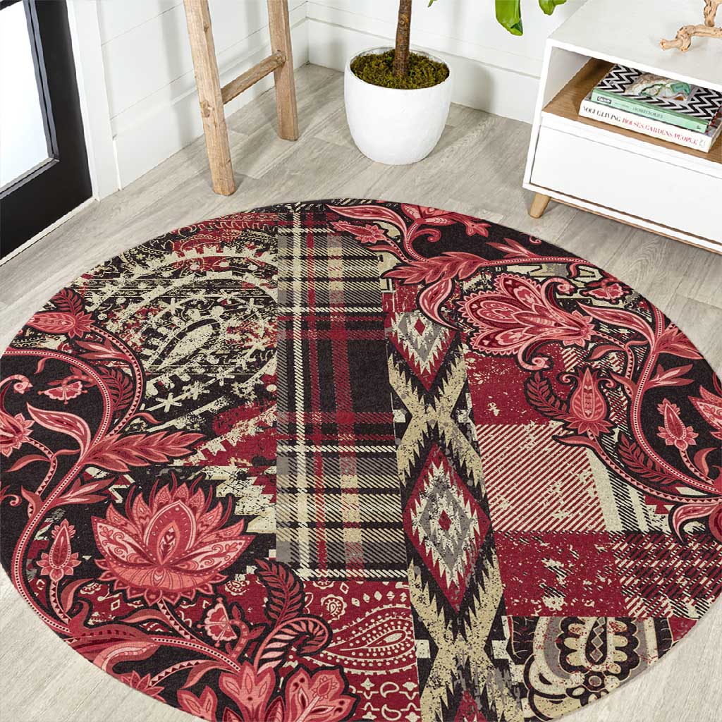 Afro Floral mix Maasai Shuka Round Carpet Red Moitf