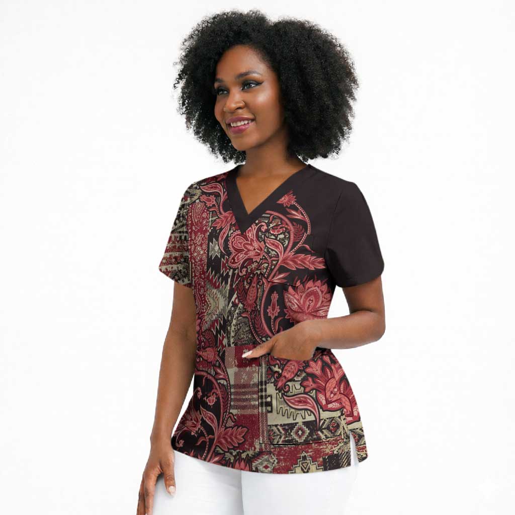 Africa Floral mix Maasai Shuka Scrub Top Red Moitf