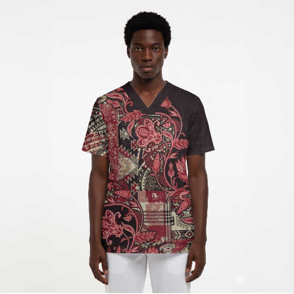 Africa Floral mix Maasai Shuka Scrub Top Red Moitf