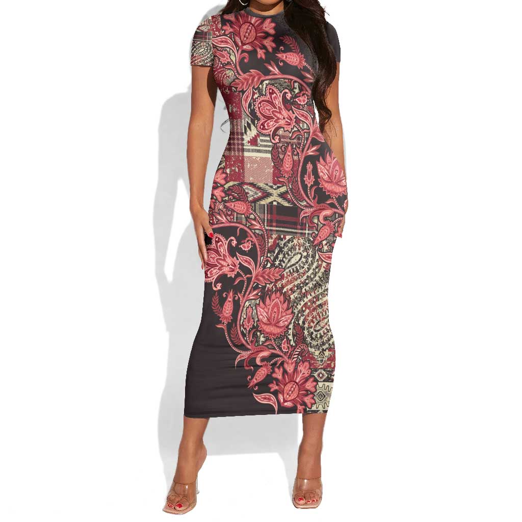 Afro Floral mix Maasai Shuka Short Sleeve Bodycon Dress Red Moitf LT9