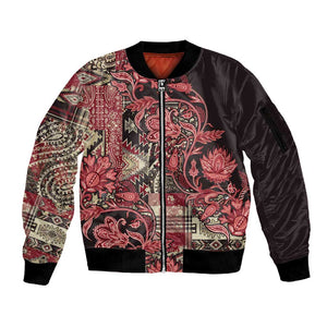 Afro Floral mix Maasai Shuka Sleeve Zip Bomber Jacket Red Moitf