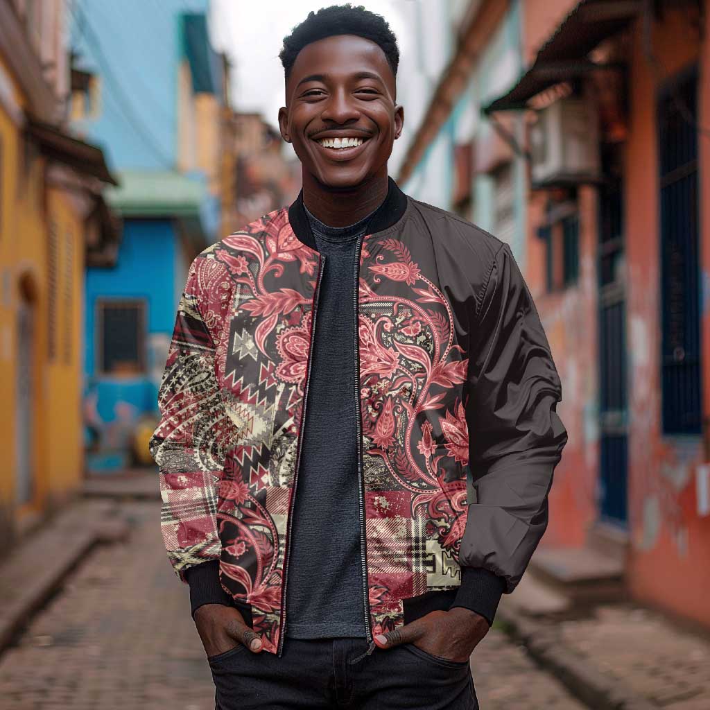 Afro Floral mix Maasai Shuka Sleeve Zip Bomber Jacket Red Moitf