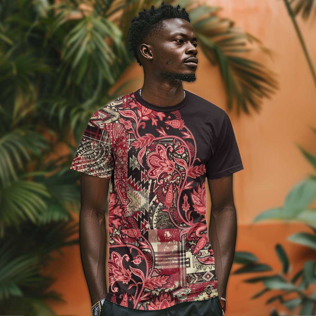 Afro Floral mix Maasai Shuka T shirt Red Moitf