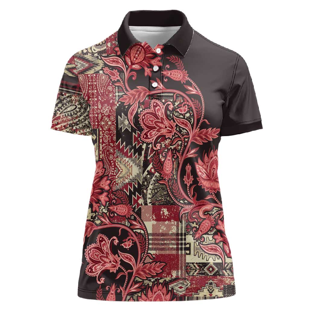 Afro Floral mix Maasai Shuka Women Polo Shirt Red Moitf