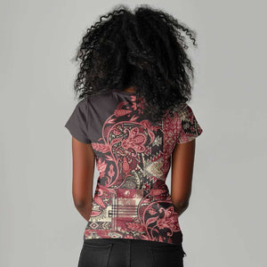 Afro Floral mix Maasai Shuka Women V-Neck T-Shirt Red Moitf