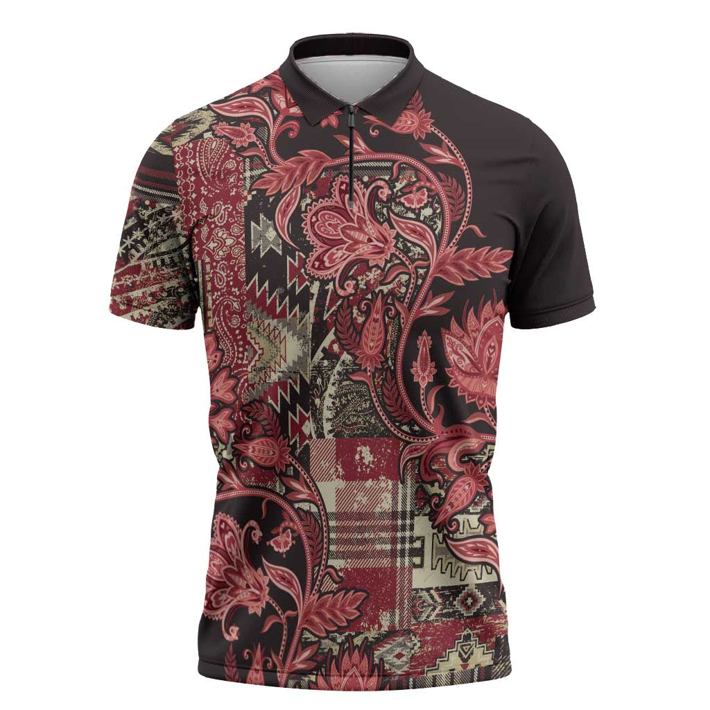 Africa Floral mix Maasai Shuka Zipper Polo Shirt Red Moitf