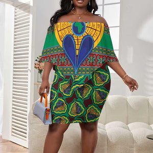 Afro Pattern Traditional Kanga Style Off Shoulder Short Dress