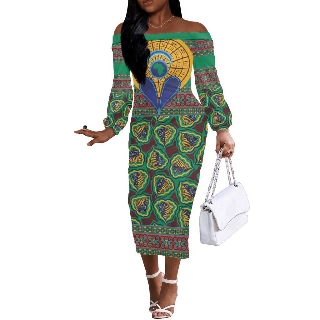 Afro Pattern Traditional Kanga Style Off The Shoulder Long Sleeve Dress