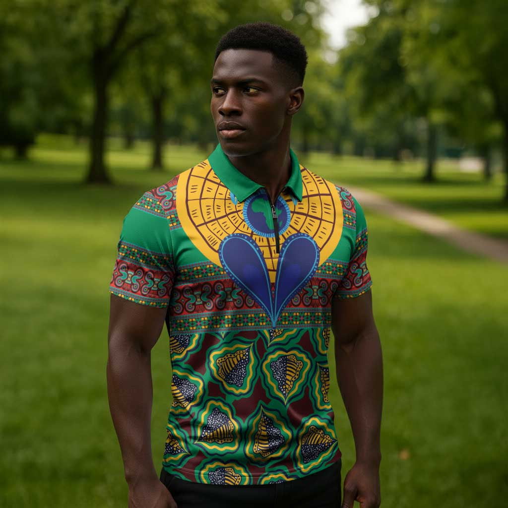 African Pattern Traditional Kanga Style Zipper Polo Shirt