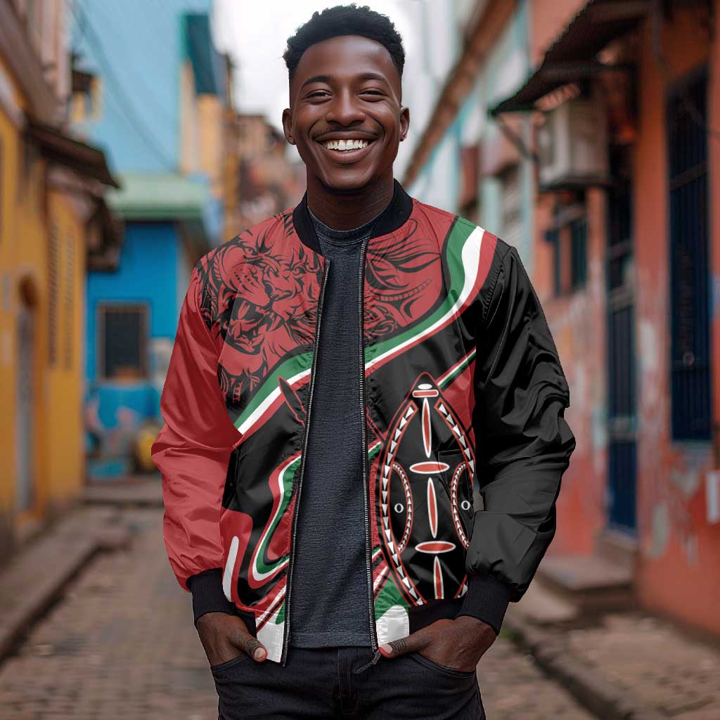 Happy Jamhuri Day Kenya Bomber Jacket Kenyan Lion and Maasai Shield