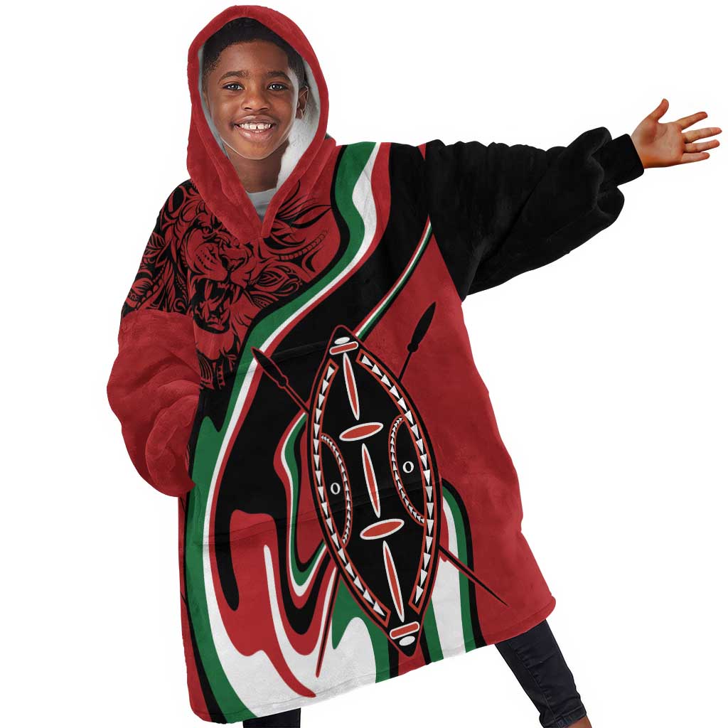 Happy Jamhuri Day Kenya Kid Wearable Blanket Hoodie Kenyan Lion and Maasai Shield