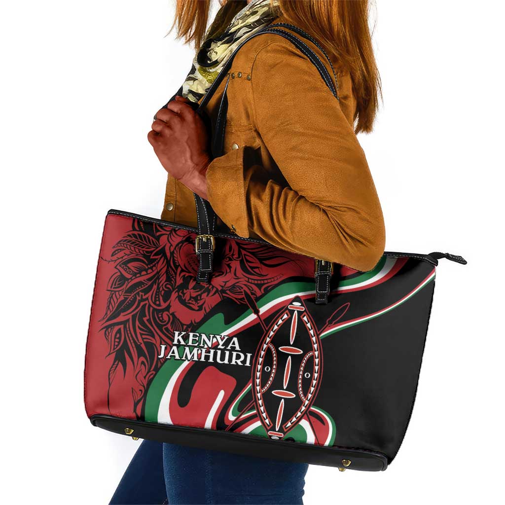 Happy Jamhuri Day Kenya Leather Tote Bag Kenyan Lion and Maasai Shield